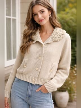 GAP 100% Wool Cream Knit Cardigan - Textured Collar - Style 17897 ❤️‍🔥